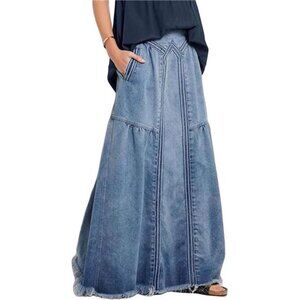 Hippie Long Maxi Denim Skirt blue Women's Casual Elastic Waist Frayed Hem A-Line